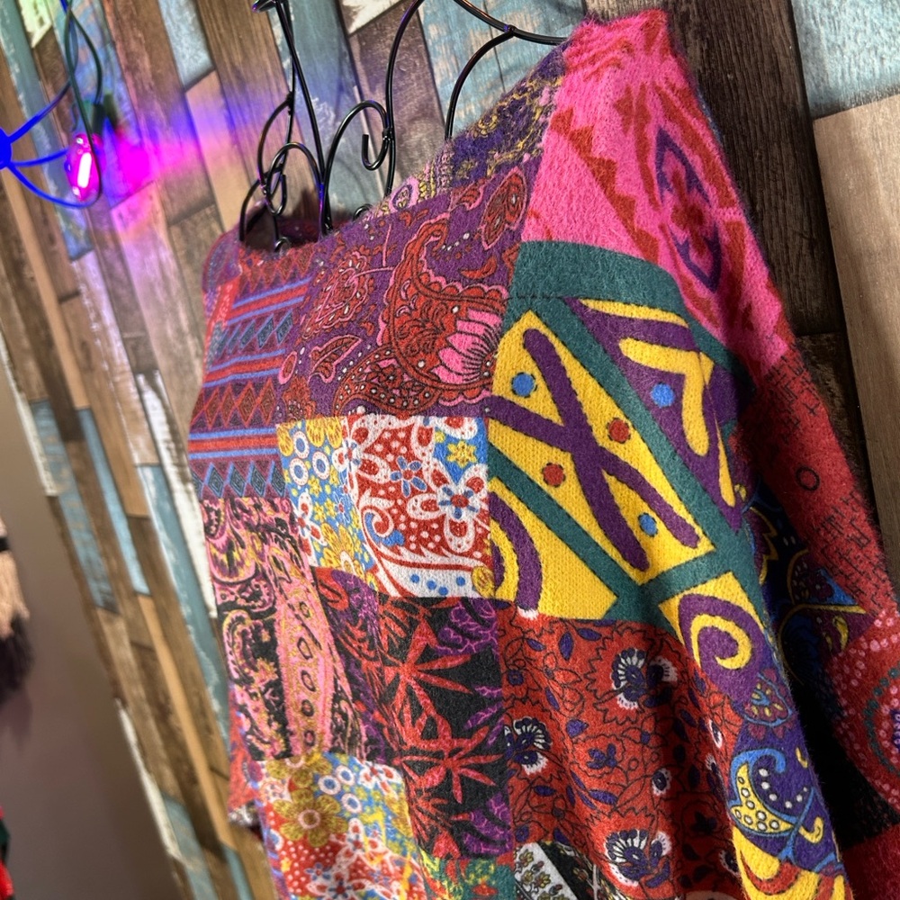 Bohemian artsy Colorful Patchwork Long Sleeve fuzzy Top - Picture 7 of 16